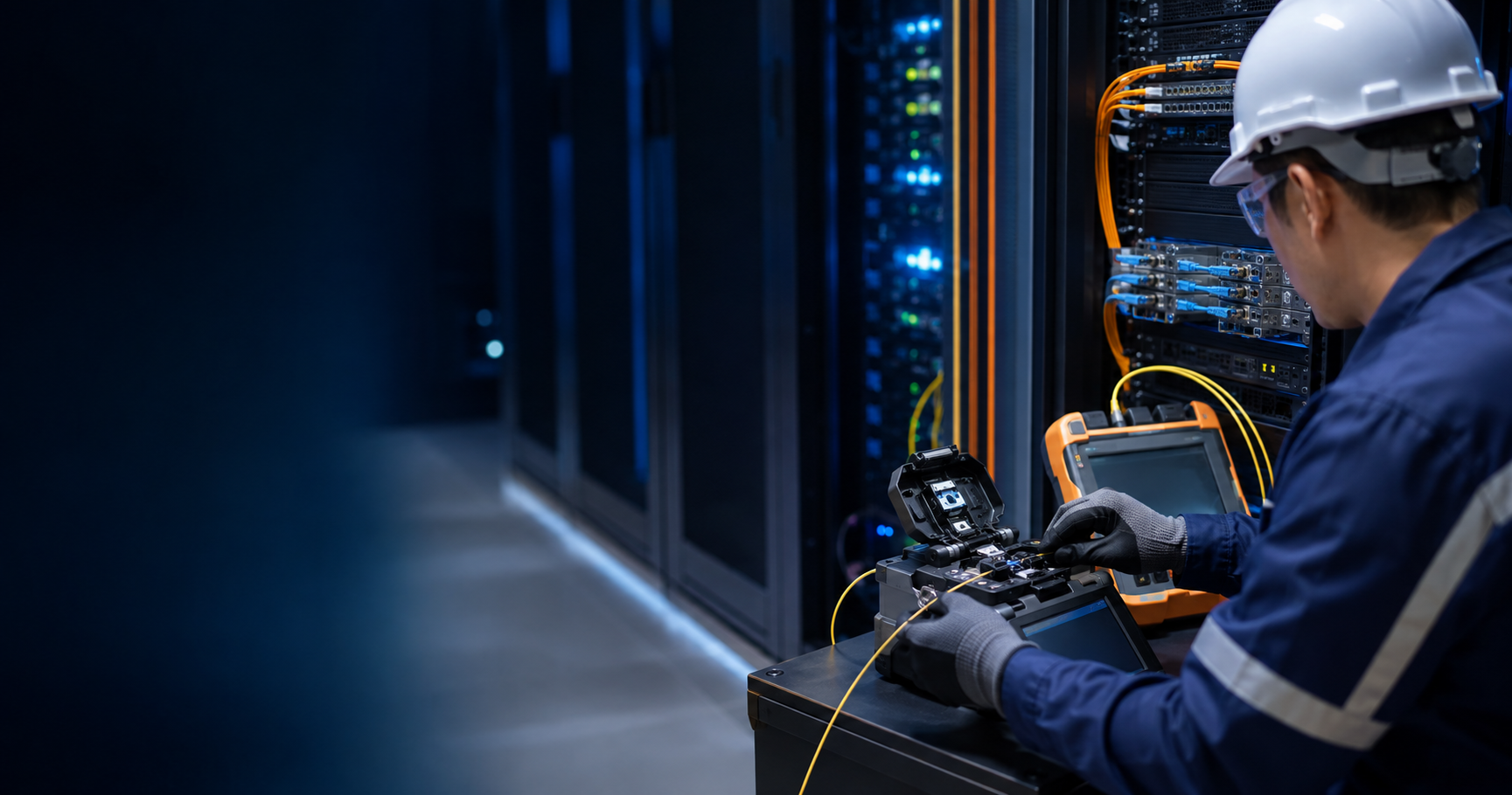 Fiber technician working in a data center
